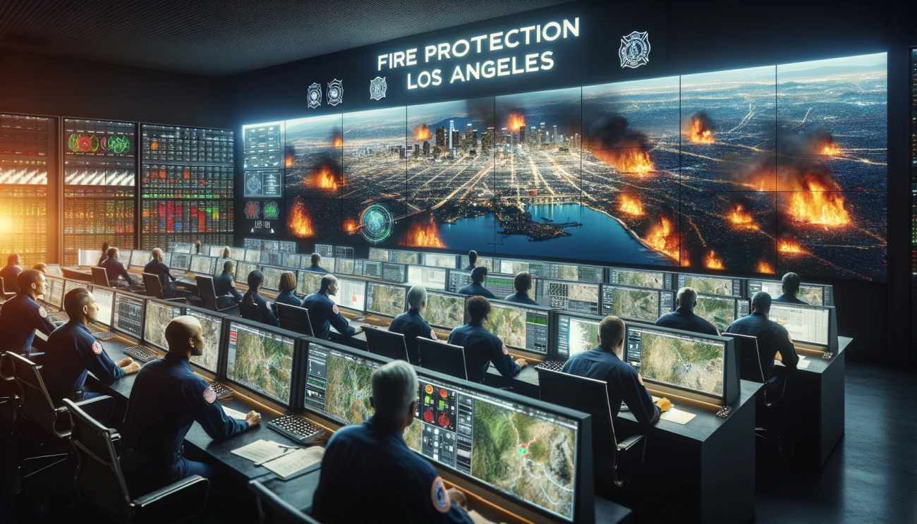 Fire protection specialists in a high-tech command center monitor screens displaying real-time data on wildfires in Los Angeles