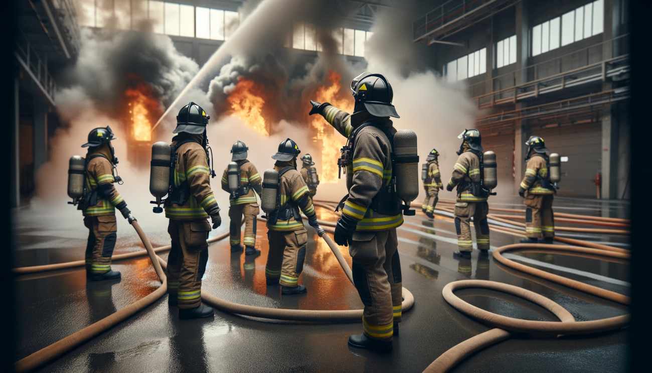 Trainee firefighters in protective gear practice extinguishing fires at a training facility, with an instructor guiding them