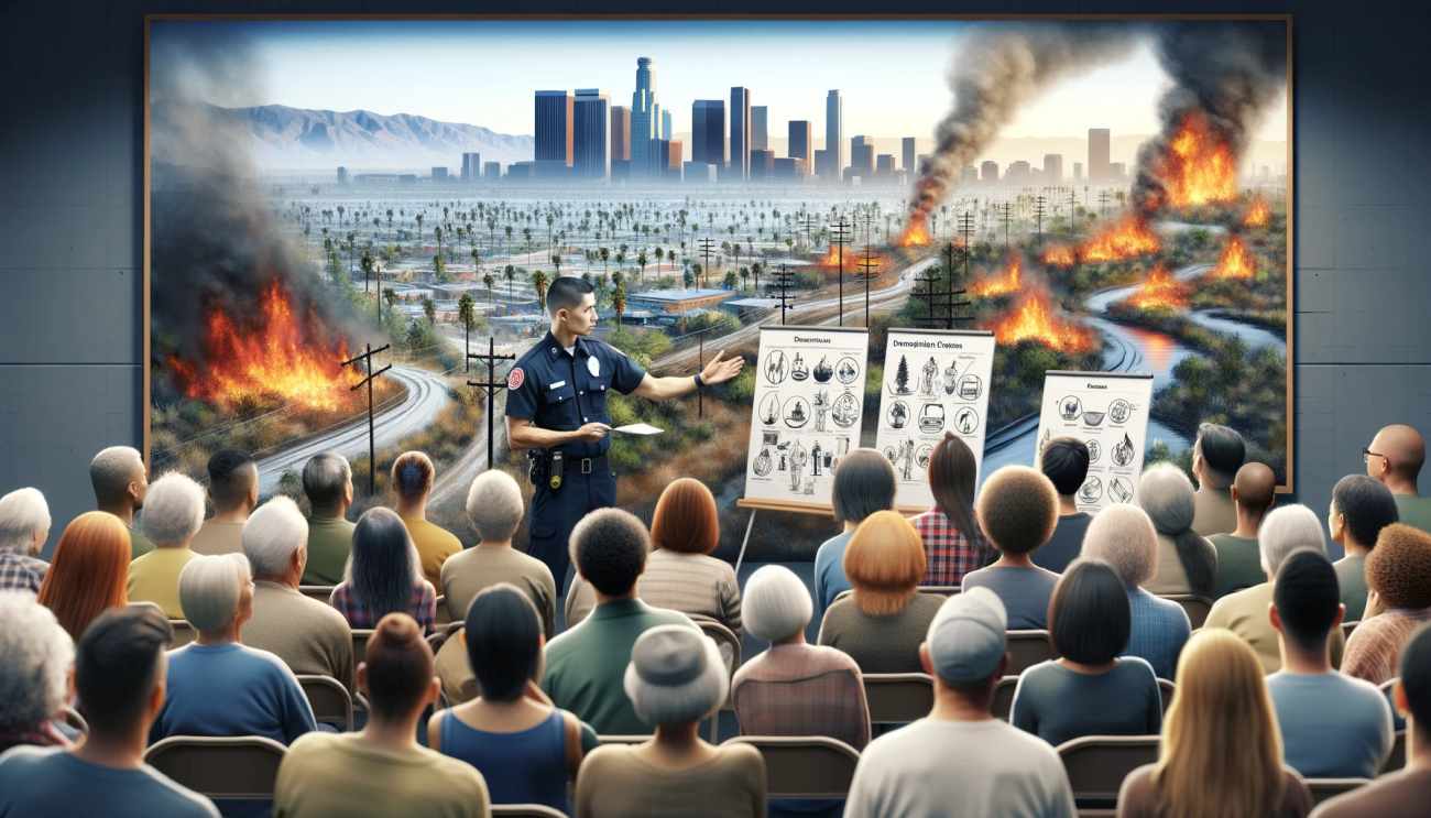Fire Protection Los Angeles member conducts a community workshop on wildfire safety with residents gathered around visual aid