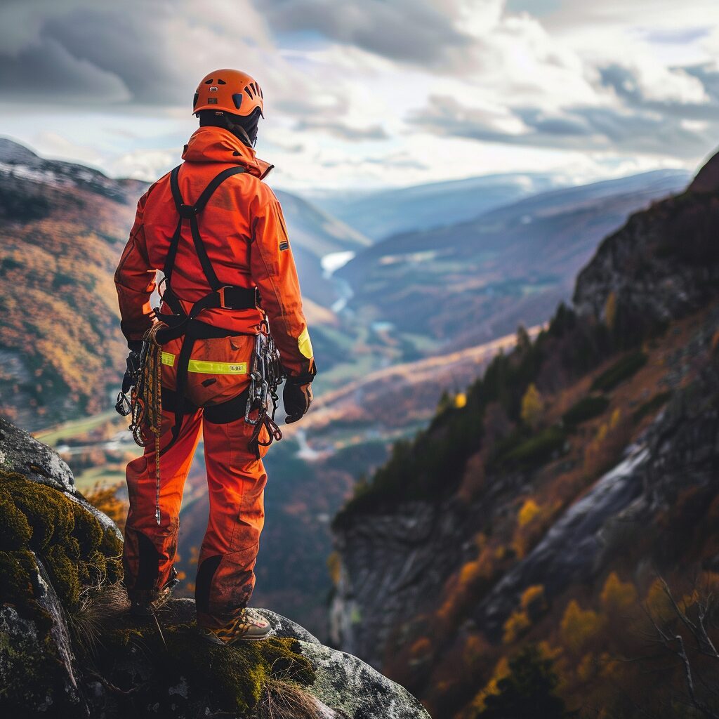 search and rescue firefighter standing on a cliff and watching a valley