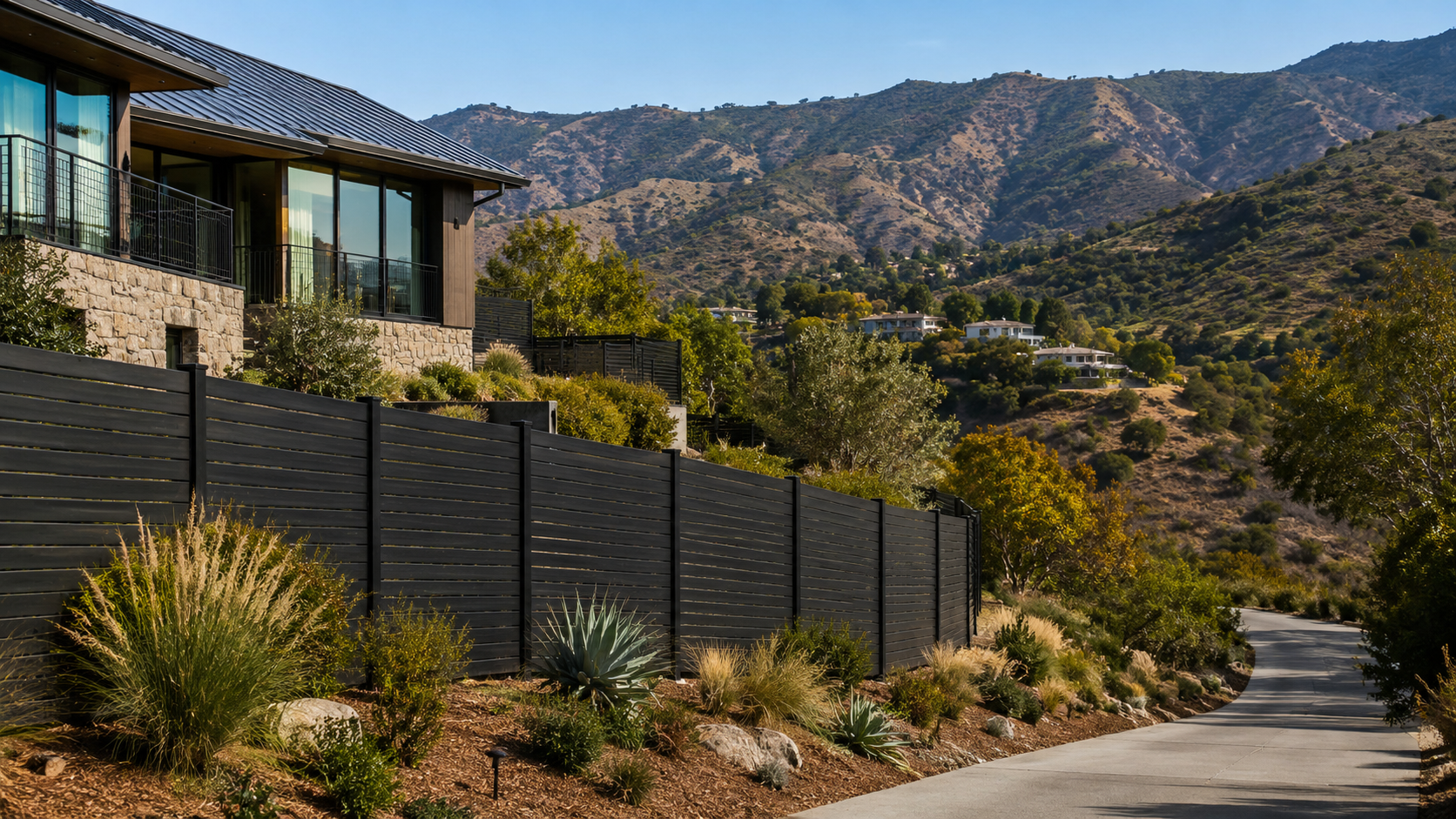 Black metal fence and hillside home in Los Angeles with wildfire-resistant landscaping