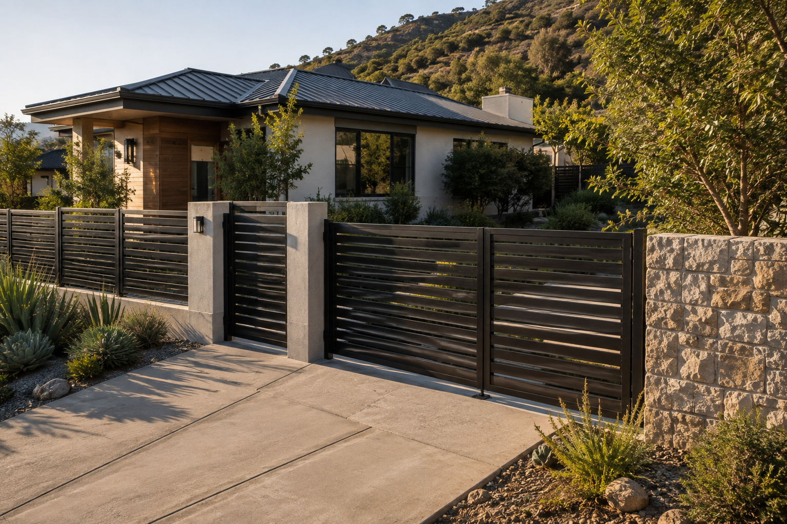 Fire-resistant driveway gate and horizontal metal fencing at a Los Angeles home