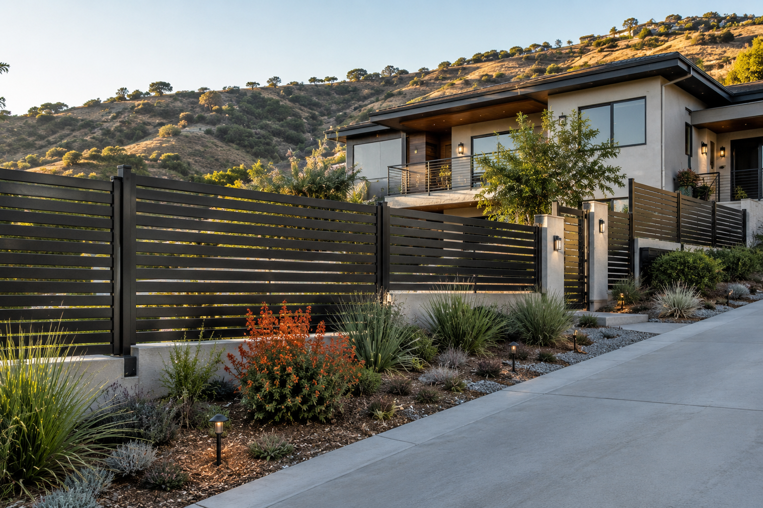 Fire-resistant perimeter fence and driveway approach at a Los Angeles hillside home