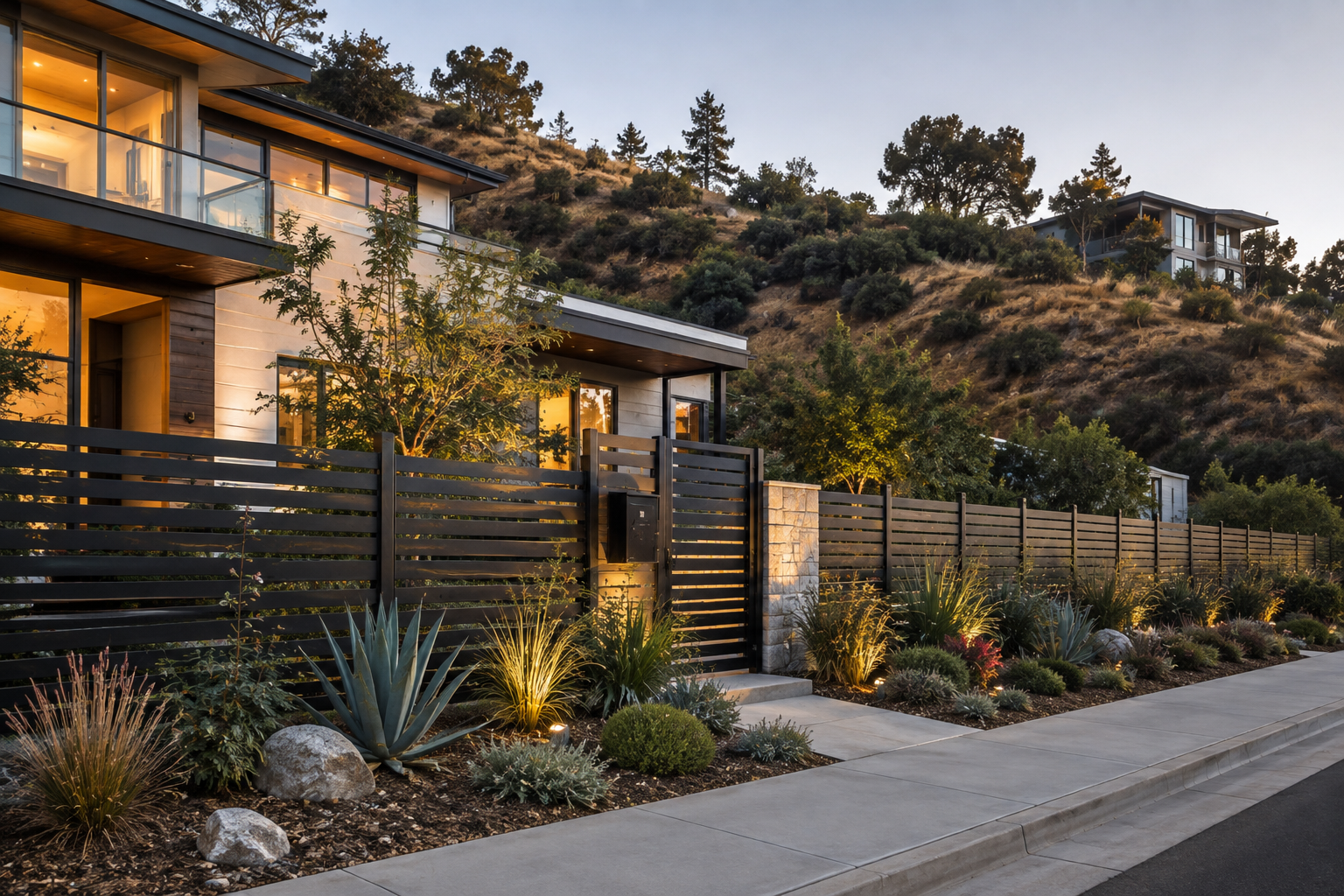 Fire-resistant metal fencing and landscaped Los Angeles home at evening