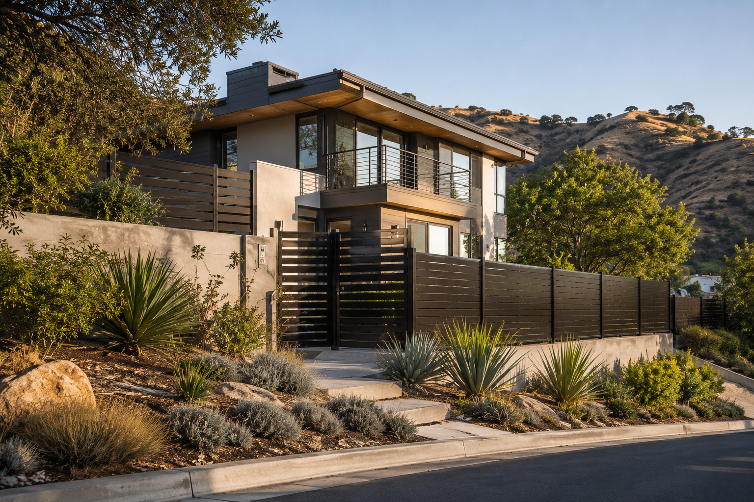 Fire-resistant metal fence and gate protecting a Los Angeles hillside home