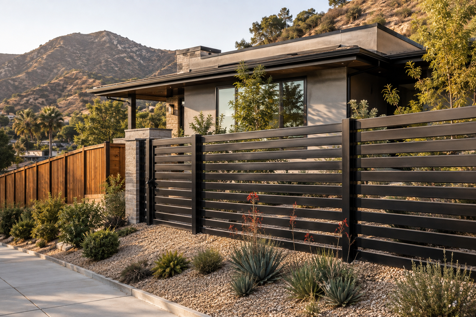 Fire-resistant fence and defensible-space landscaping around a Los Angeles home