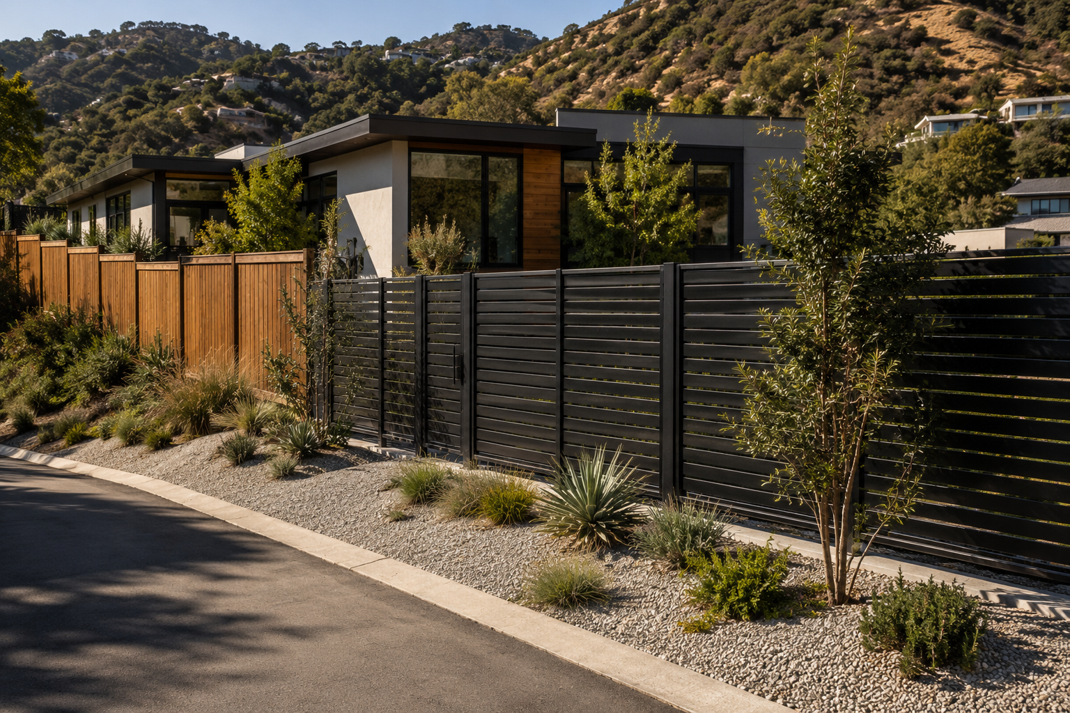 Full metal fence replacement protecting a modern Los Angeles hillside home
