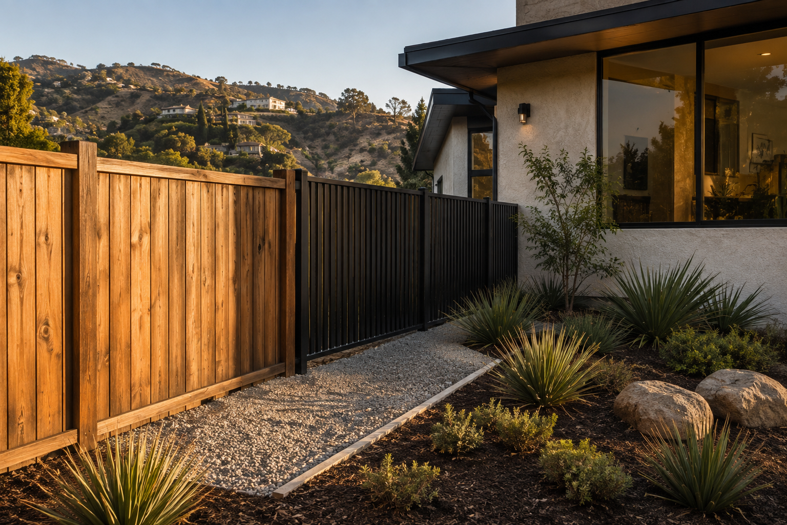 Combustible wood fence transitioning to a metal fence beside a Los Angeles home