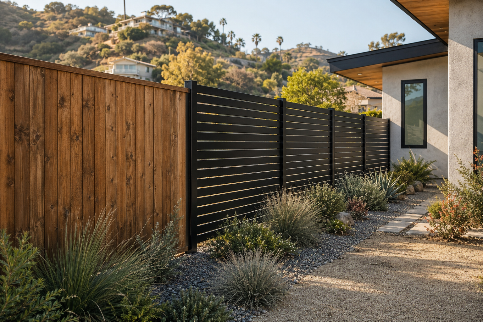Transition from a combustible wood fence to a noncombustible metal fence near a Los Angeles home